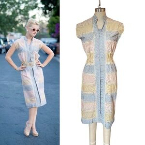 Vintage Pastel Eyelet Patchwork Midi Dress size S